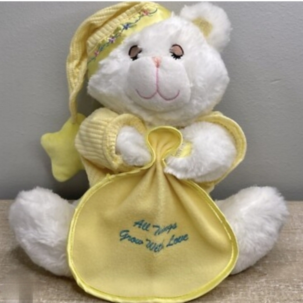 -- Talking White Plush Bear with Yellow Blanket